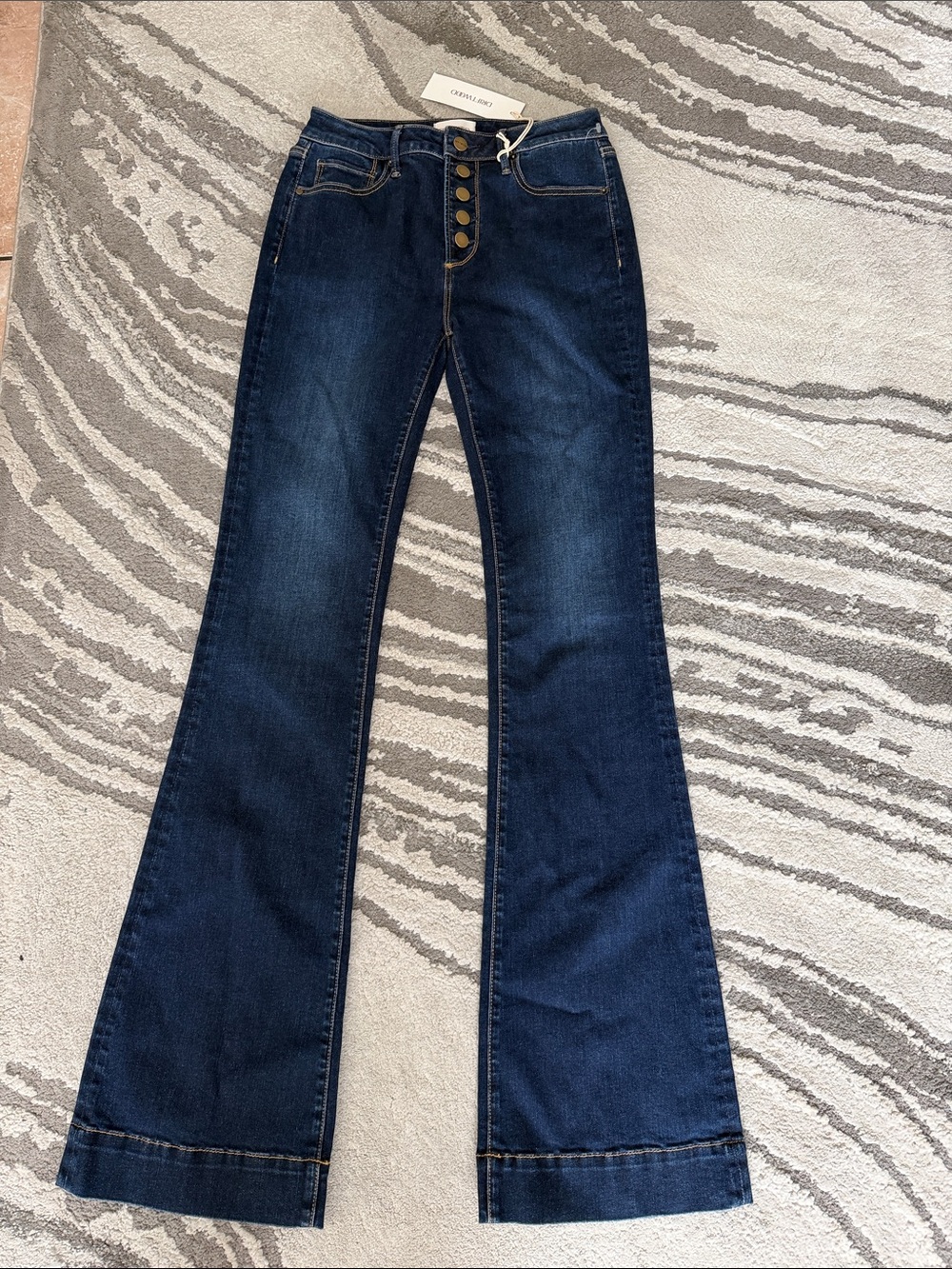 DRIFTWOOD Dark Blue High-Rise Button Flare Jeans